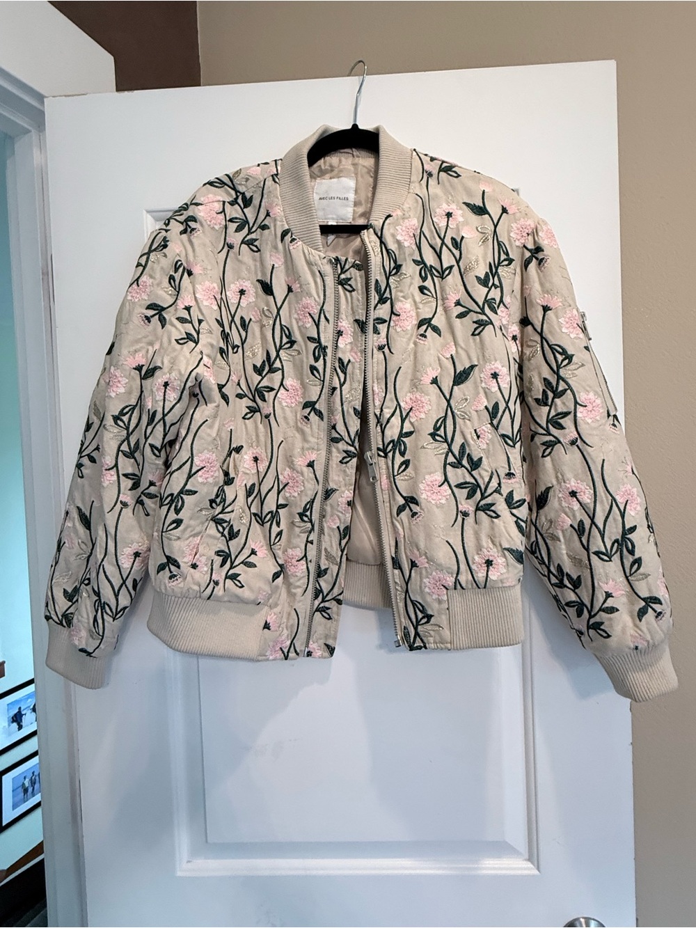 Avec Les Filles Embroidered Floral Bomber Jacket - Beige Pink
